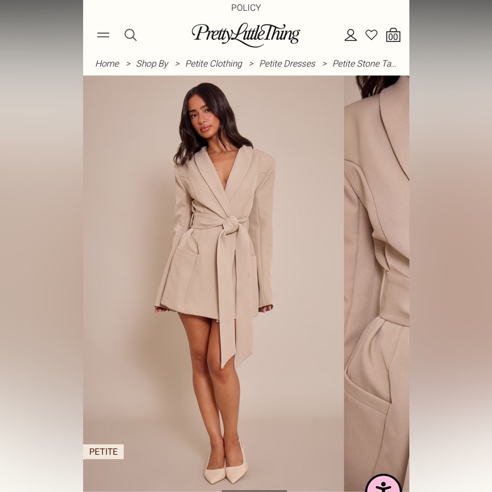 PrettyLittleThing Stone Tie-Waist Blazer Dress petite